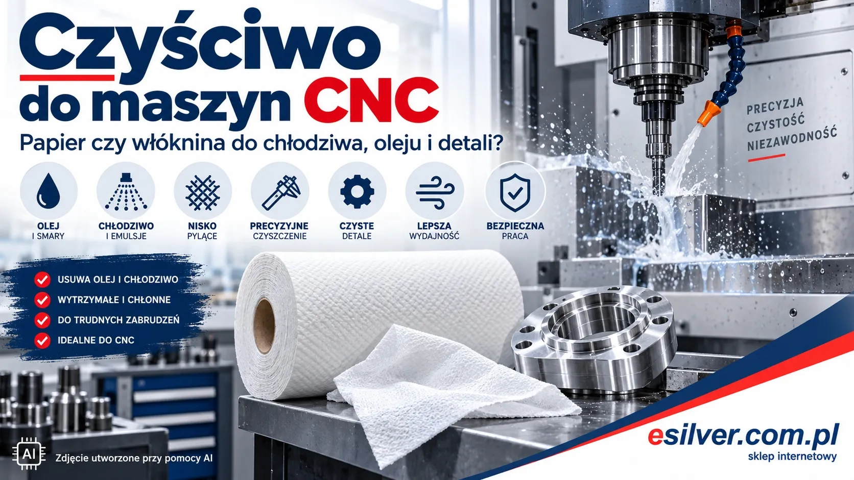 Jakie czyściwo do maszyn CNC wybrać? Porównaj papier, włókninę i materiały niskopylne do chłodziwa, oleju, narzędzi oraz gotowyc Jakie czyściwo do maszyn CNC wybrać? Porównaj papier, włókninę i materiały niskopylne do chłodziwa, oleju, narzędzi oraz gotowyc