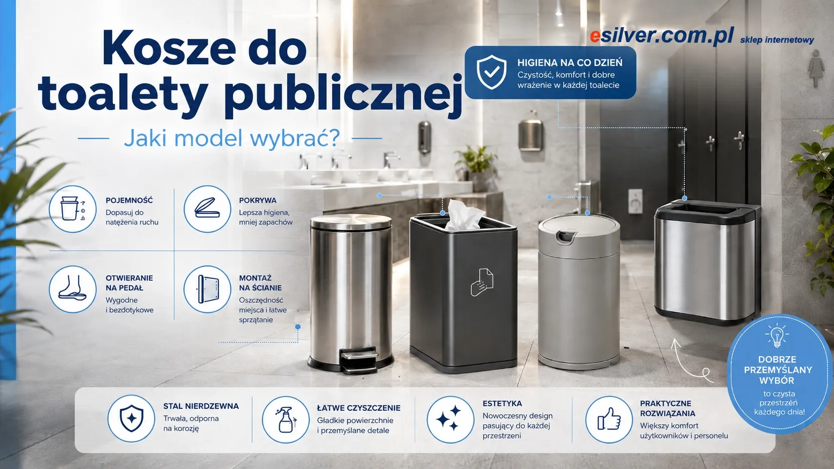 Kosze na śmieci do toalety publicznej – jaki model wybrać do firmy, szkoły i obiektu publicznego?