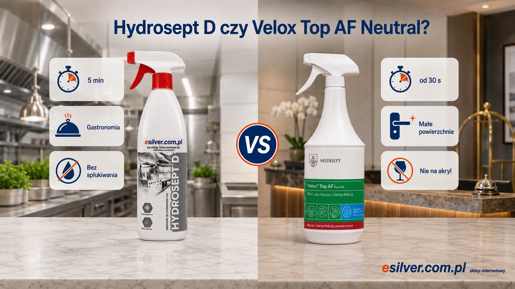 Hydrosept D i Velox Top AF Neutral – porównanie preparatów do dezynfekcji dla hotelu