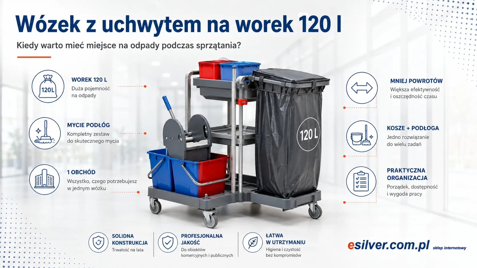 Wózek z uchwytem na worek 120 l – kiedy warto mieć miejsce na odpady podczas sprzątania?