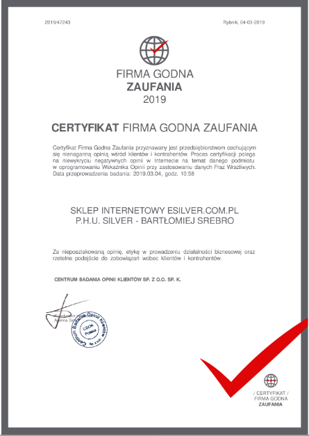 Certyfikat Firma Godna Zaufania 2018 przyznany sklepowi esilver.com.pl