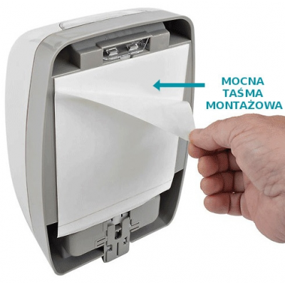 Automatyczny dozownik mydła można przykleić do ściany za pomocą taśmy montażowej która jest w zestawie
