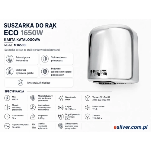 Karta katalogowa suszarki do rąk M1650SI