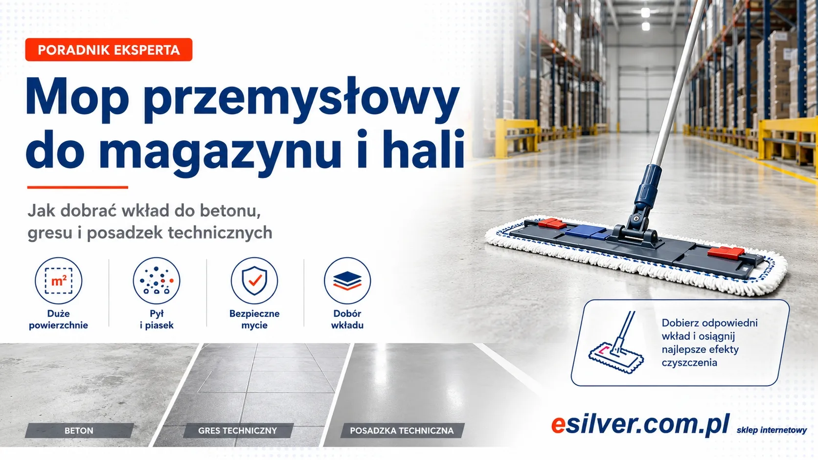Mop przemysłowy do magazynu i hali — jak dobrać wkład do betonu, gresu i posadzek technicznych?