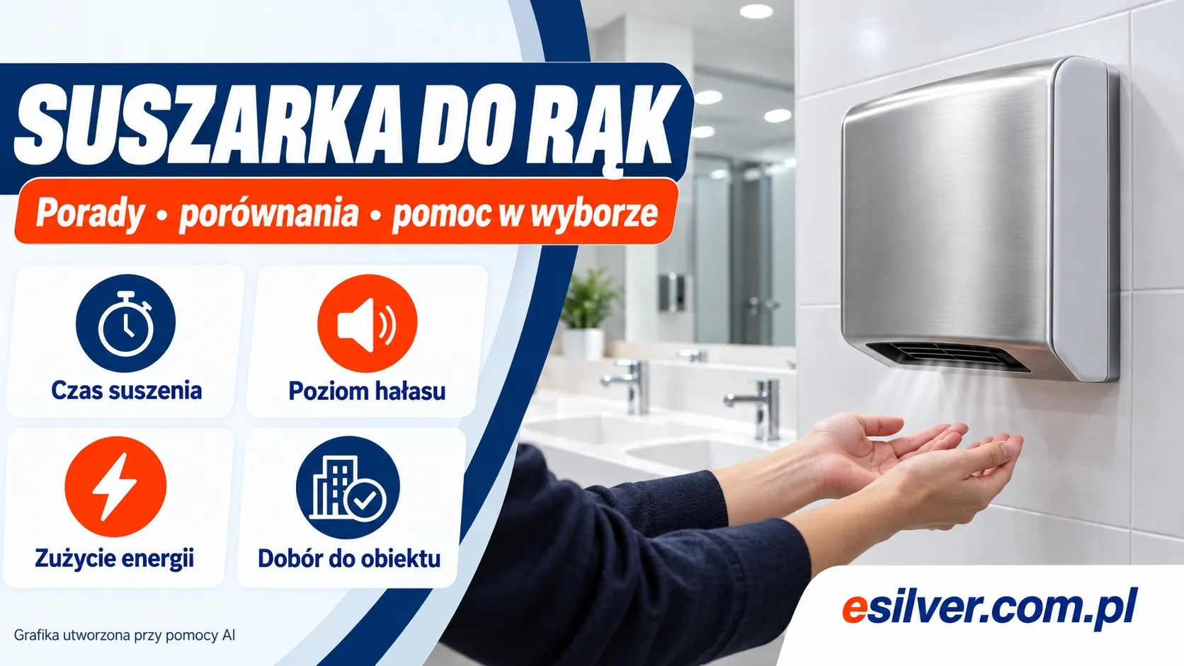 Metalowa suszarka do rąk w toalecie oraz infografika o czasie suszenia, hałasie, zużyciu energii i doborze do obiektu