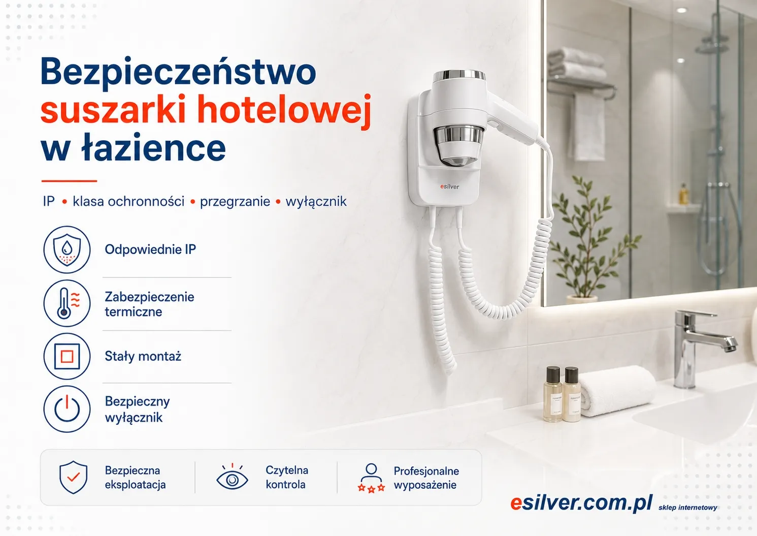 Bezpieczeństwo suszarki hotelowej w łazience — IP, klasa ochronności, przegrzanie i wyłącznik naciskowy