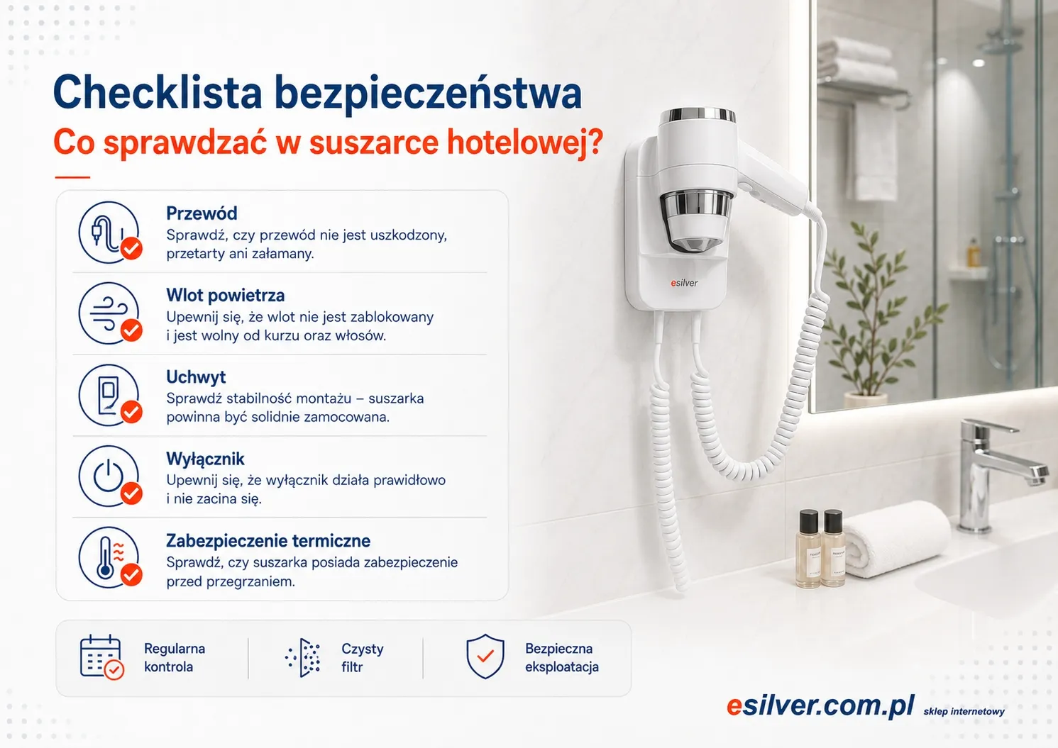 Elementy bezpieczeństwa suszarki hotelowej - przewód wlot powietrza wyłącznik termiczny IP i kontrola personelu
