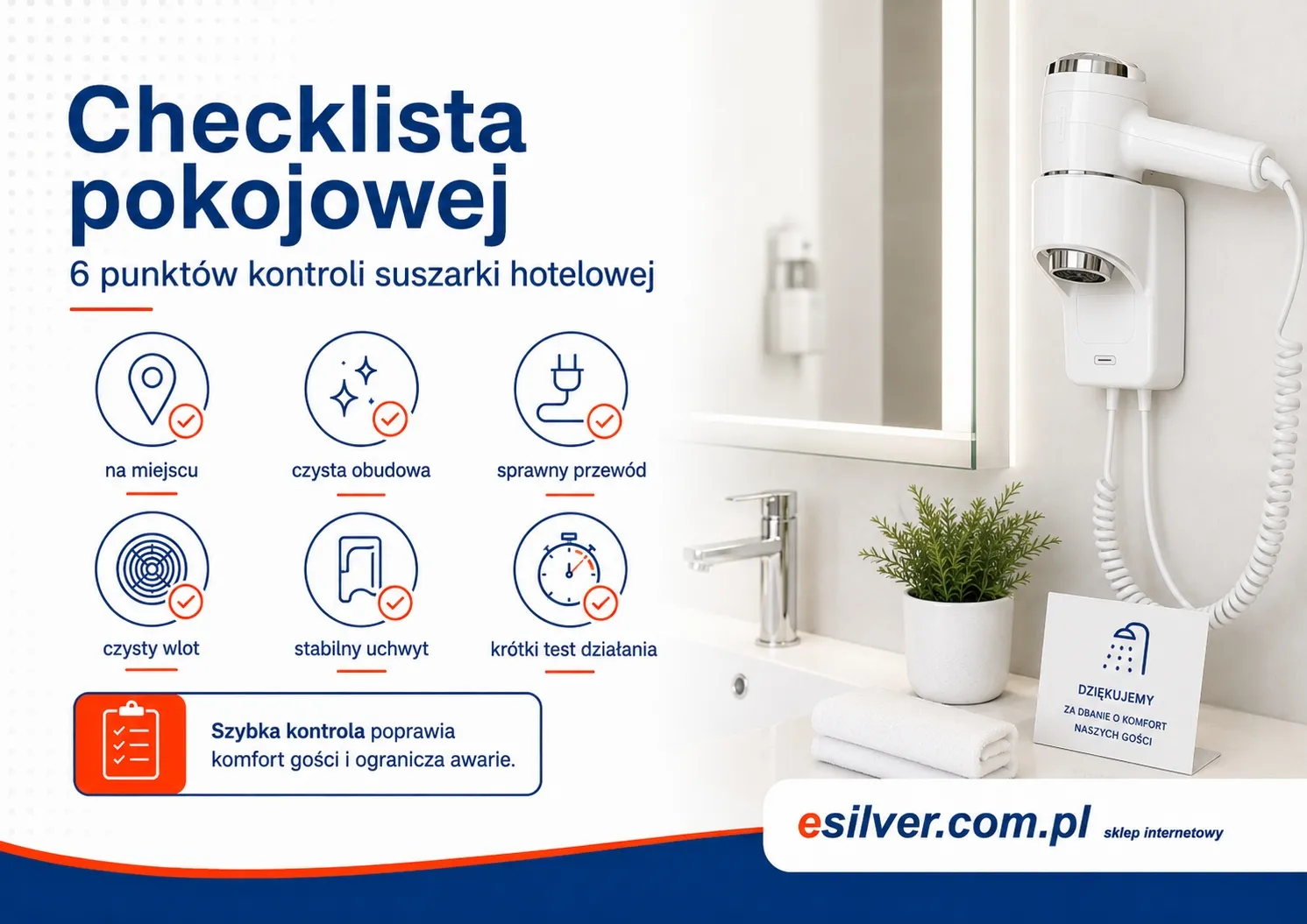 Checklista czyszczenia suszarki hotelowej do włosów dla pokojowej