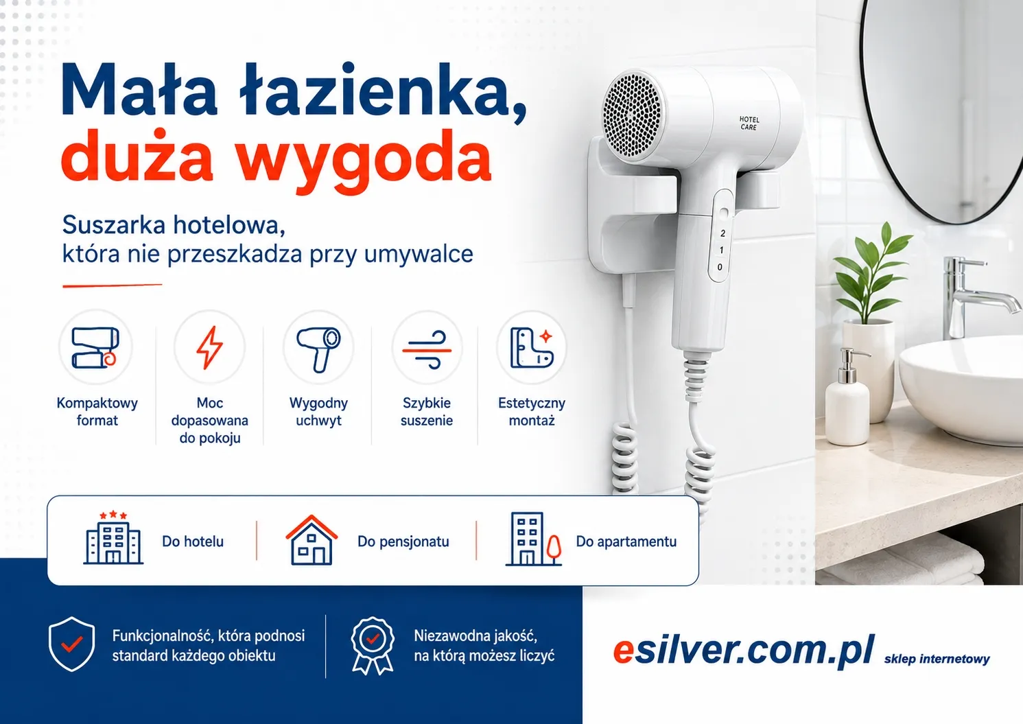 Mała łazienka hotelowa z kompaktową suszarką ścienną - dobry i zły montaż