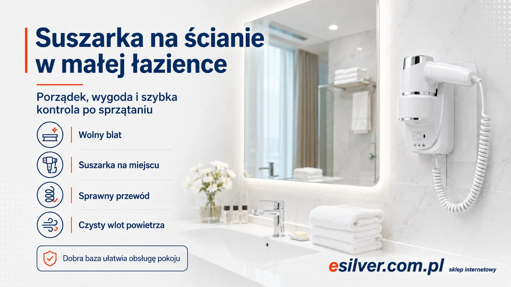 Łazienka hotelowa z suszarką ścienną przewodem spiralnym i checklistą kontroli po sprzątaniu