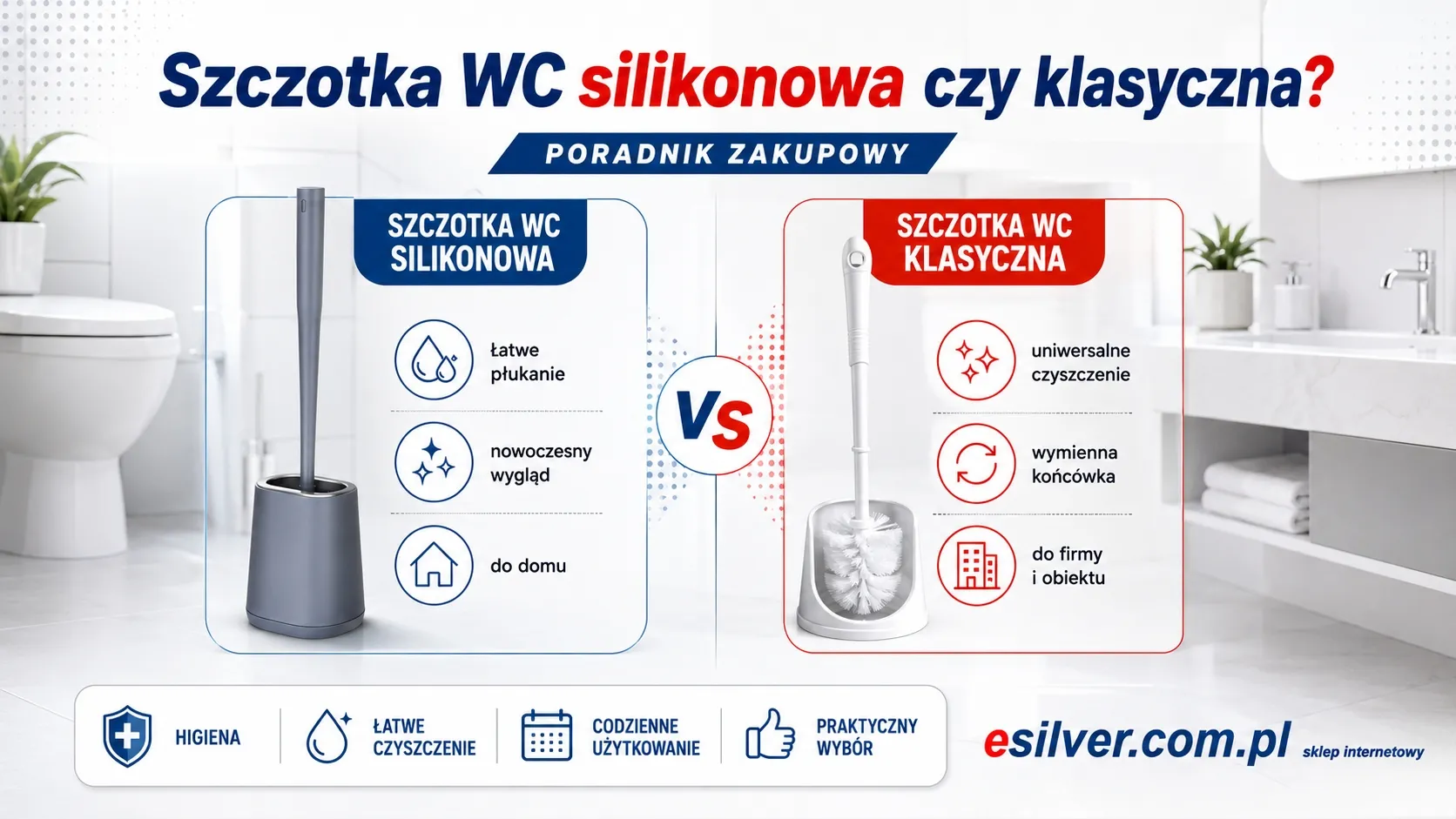 Szczotka WC silikonowa czy klasyczna? Którą końcówkę wybrać do łazienki, firmy i toalety publicznej