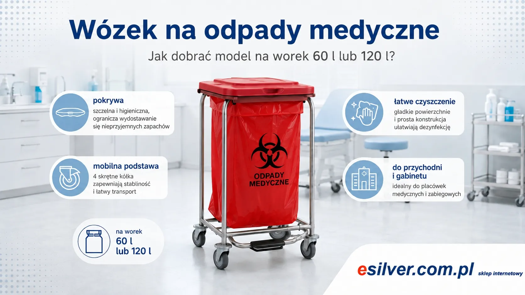 Wózek na odpady medyczne — jak dobrać model na worek 60 l lub 120 l do placówki?