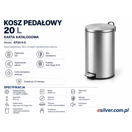 Kosz pedałowy 20 L stal nierdzewna satyna - karta katalogowa