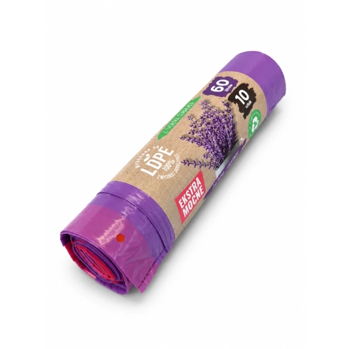 Worki na śmieci lawendowe 60 l LDPE taśma – 60 l, folia LDPE, 10 sztuk na rolce, zapach lawendowy